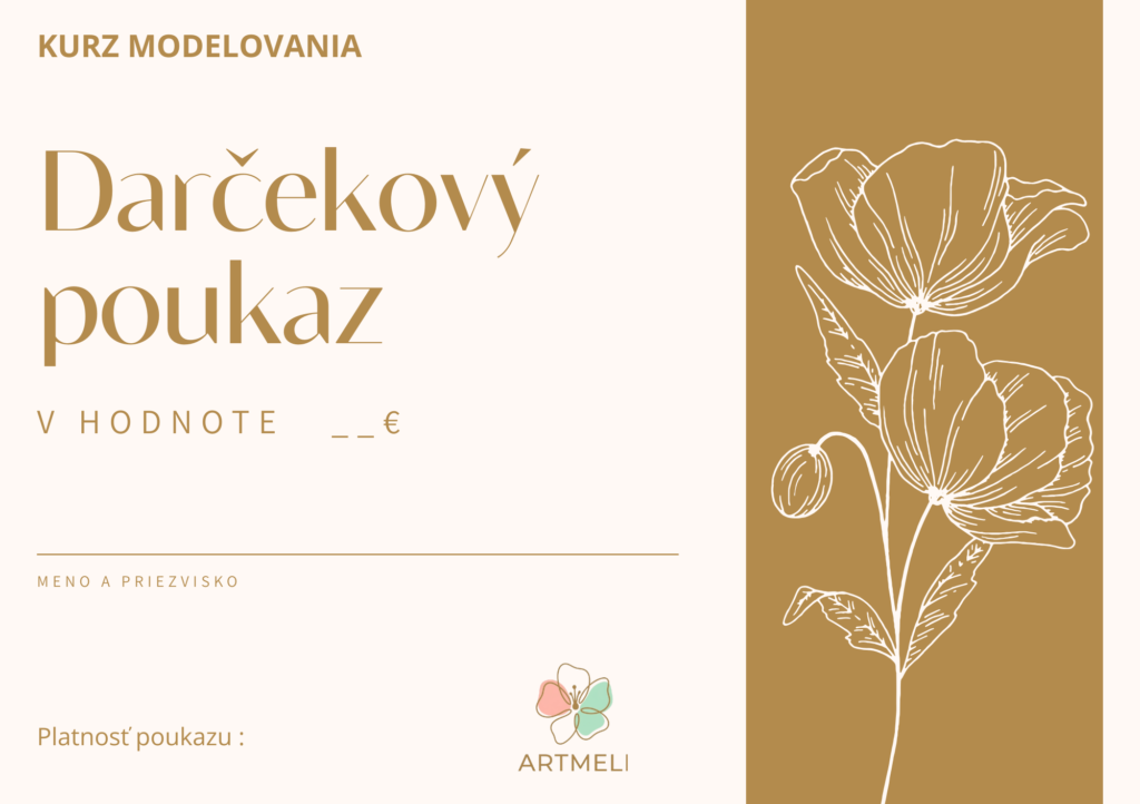 Artmeli Darčekový poukaz c1 na cukrársky kurz modelovania ozdôb a dekorácií na torty v zlatom kvet maky